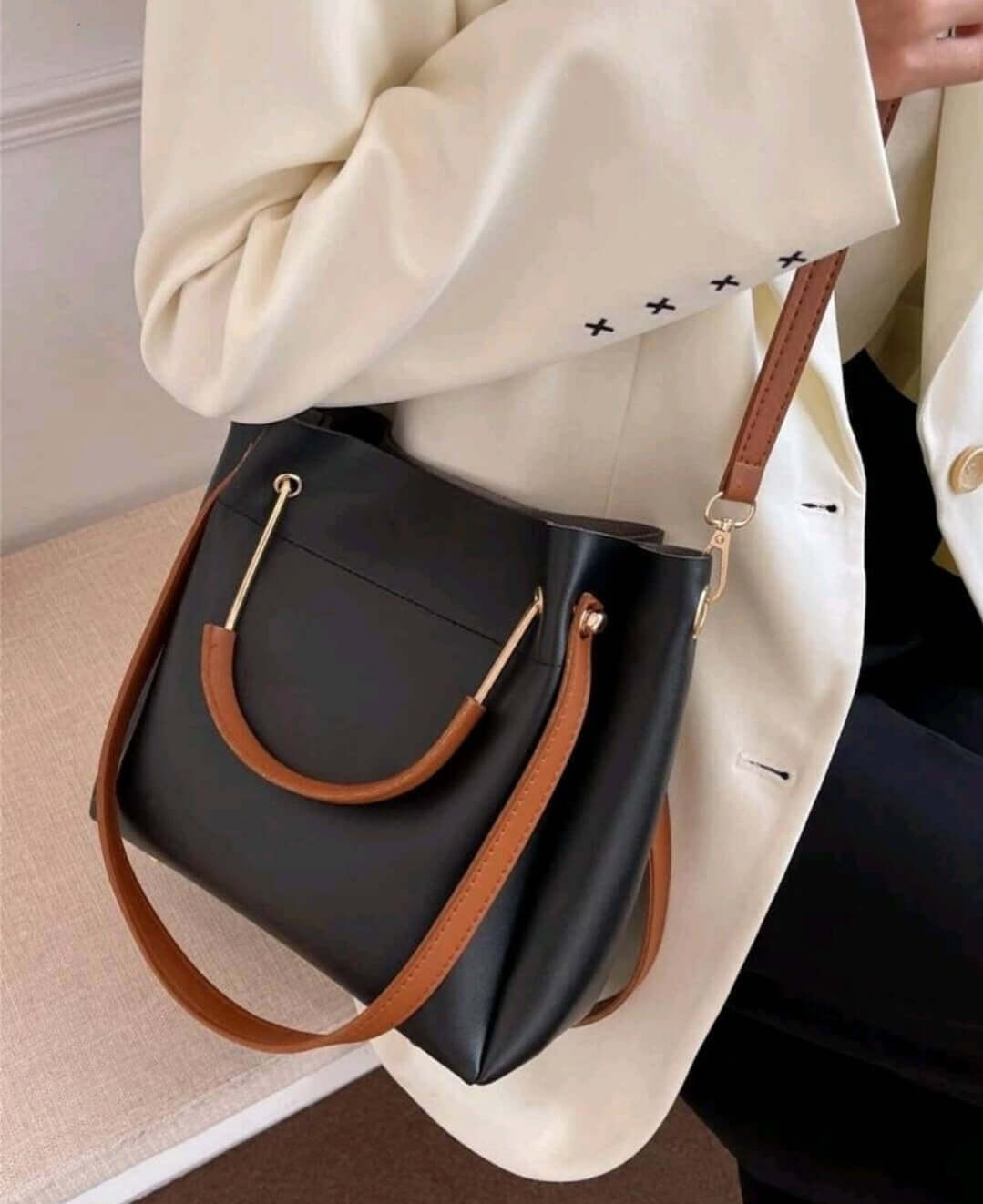 two tone black leather brown handle handbag shoulder bucket bag