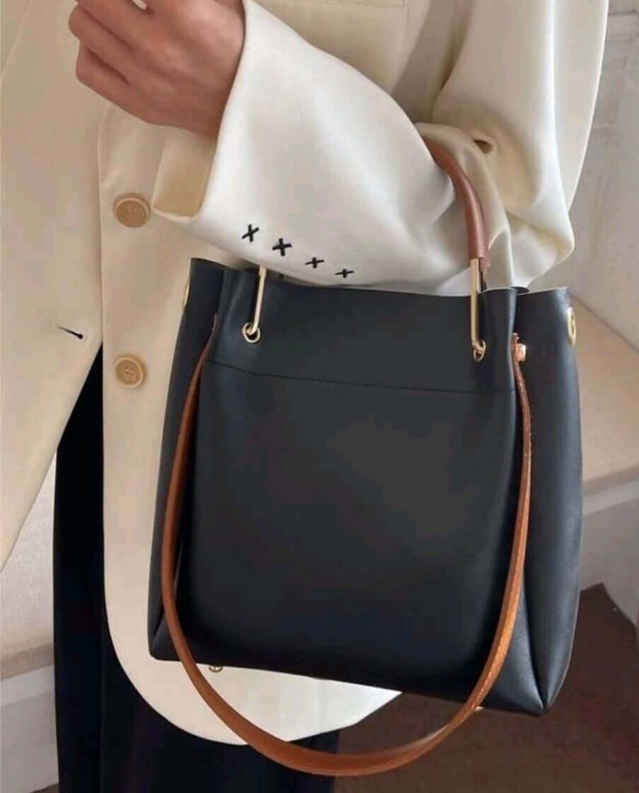 two tone black leather brown handle handbag shoulder bucket bag