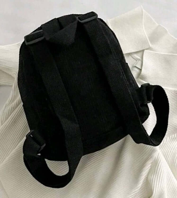 black mini corduroy double pocketed backpack