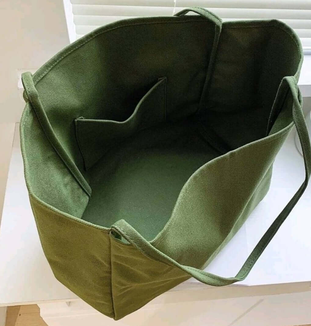 green fabric shoulder tote