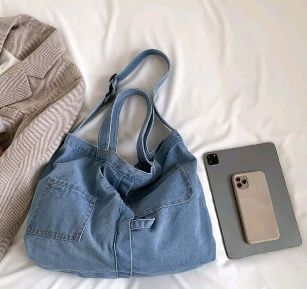 light wash denim shoulder tote
