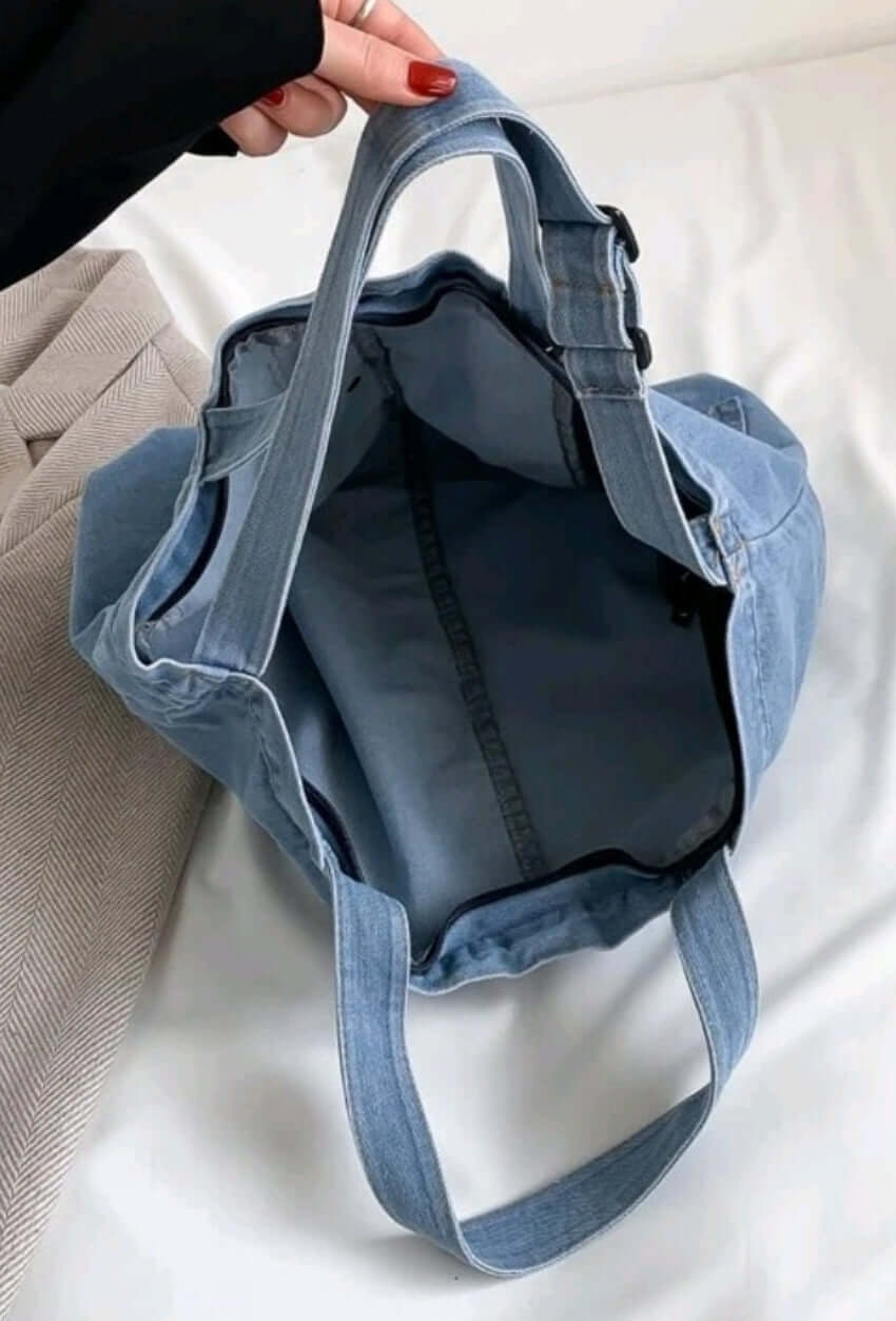 light wash denim shoulder tote