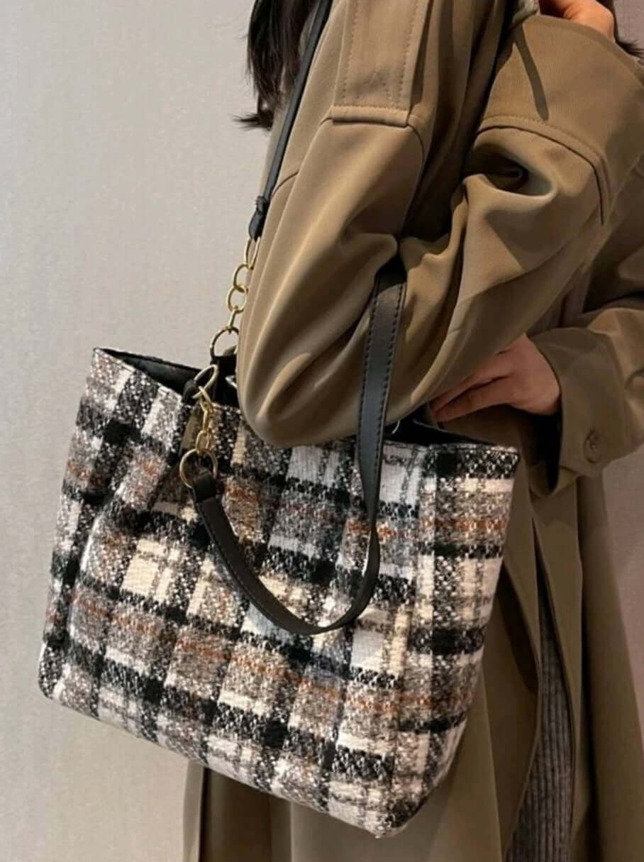 luxury two tone blacks fabric shoulder tote