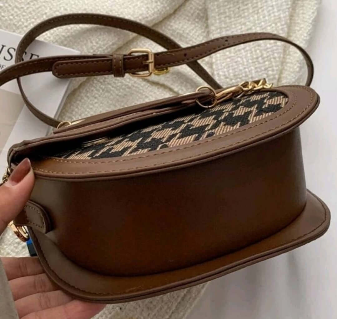 quirky two tone geo fabric saddle shoulder bag