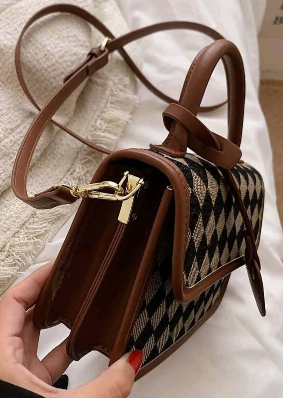 quirky two tone geo fabric saddle shoulder bag