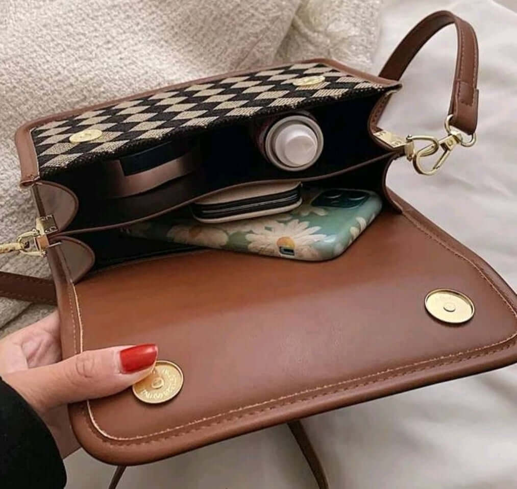 quirky two tone geo fabric saddle shoulder bag
