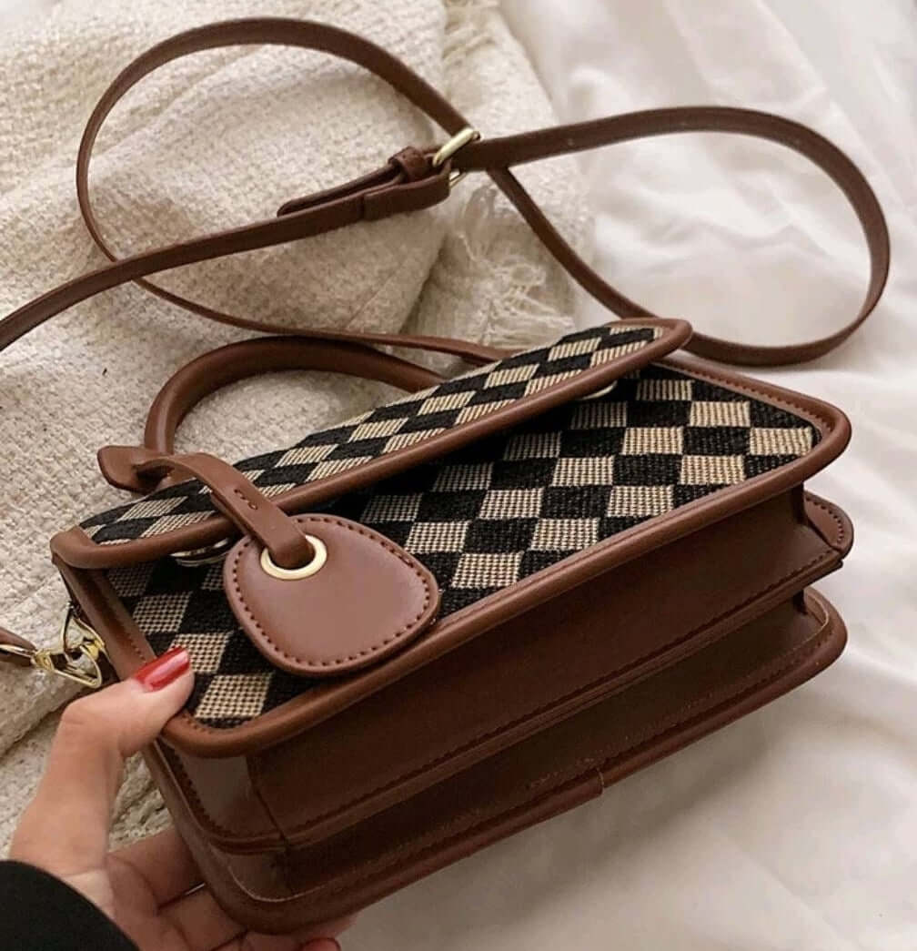 quirky two tone geo fabric saddle shoulder bag