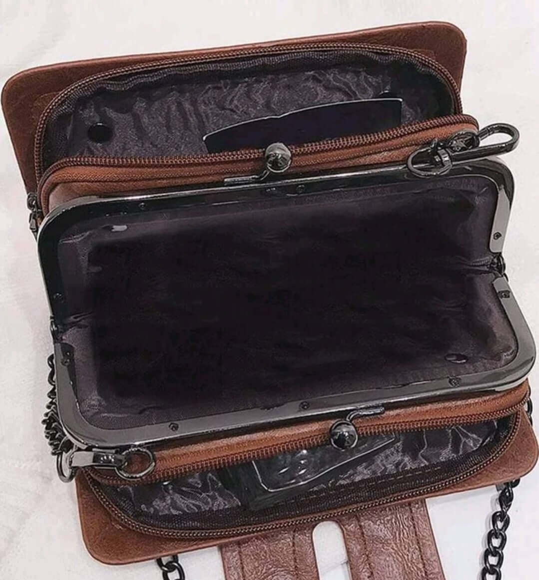 luxury tan leather studded quirky metal decor shoulder clutch bag