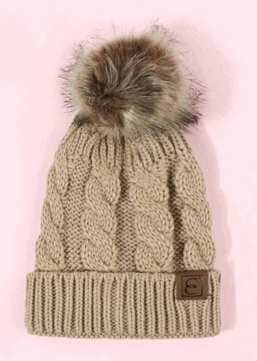 unisex khaki pompom beanie