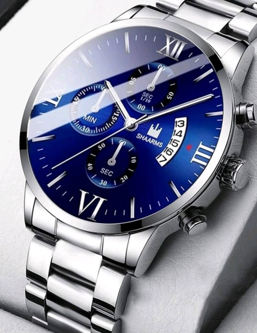 Watch - blue silver triple dial date quartz