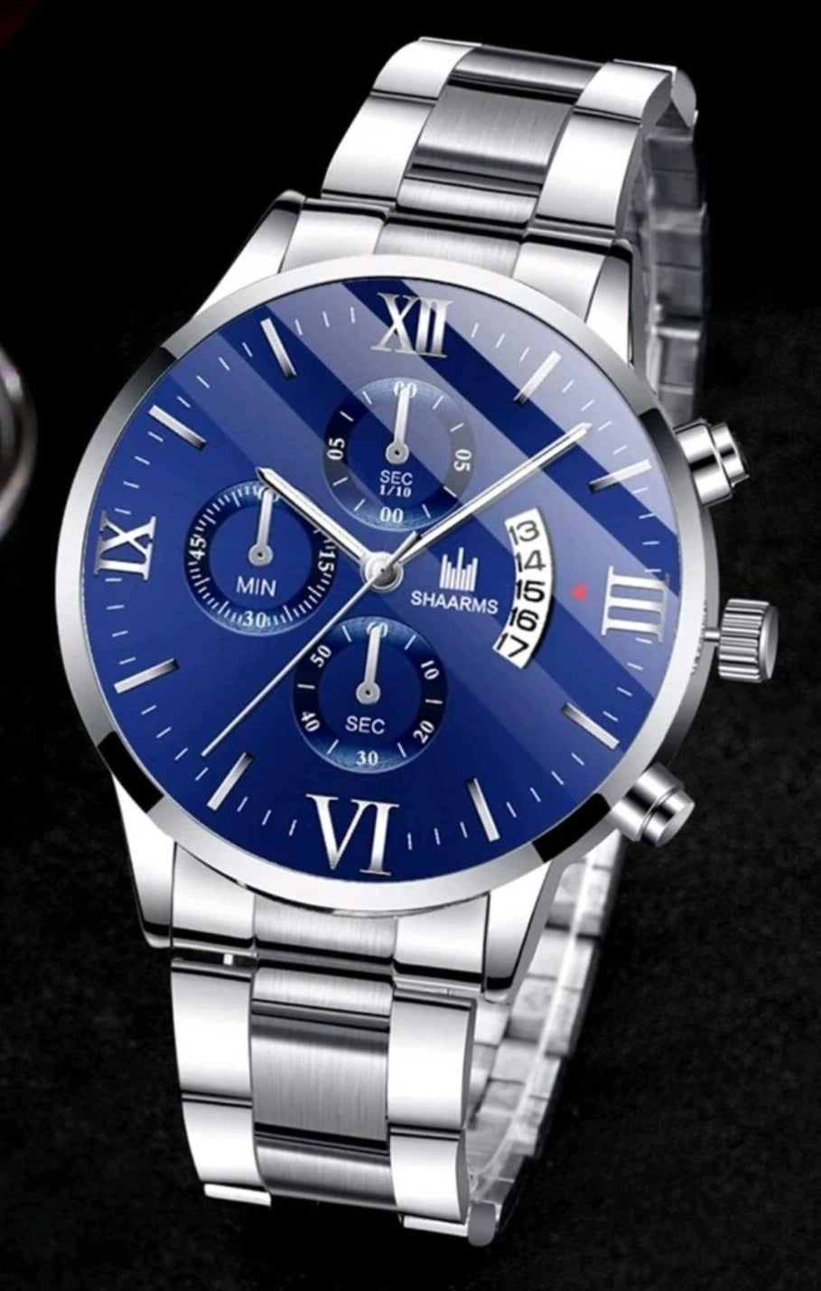 Watch - blue silver triple dial date quartz