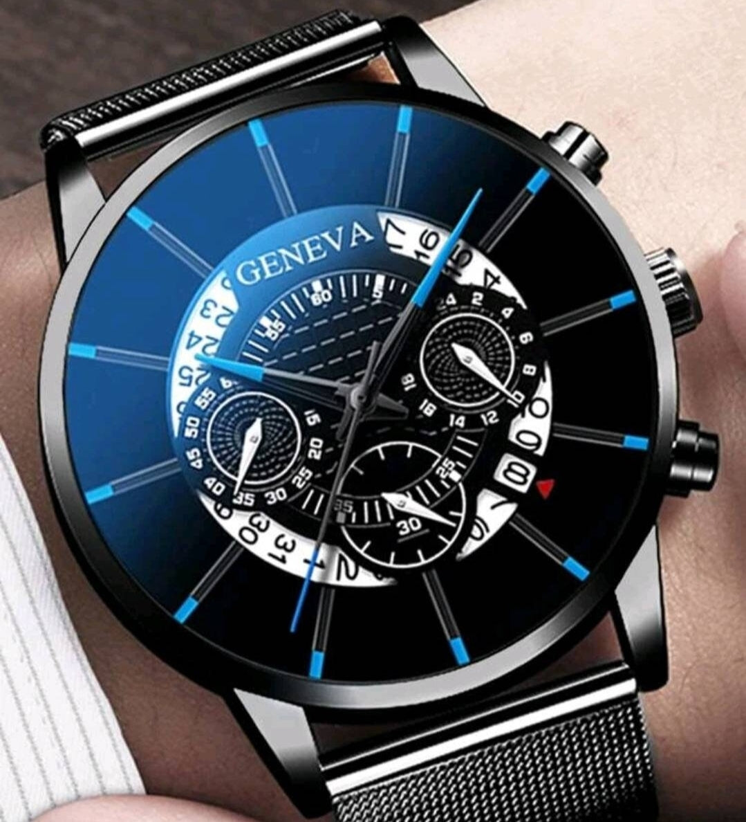 Watch - blue silver triple dial date quartz