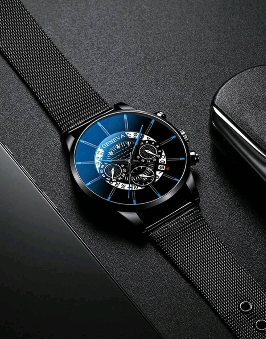Watch - blue silver triple dial date quartz