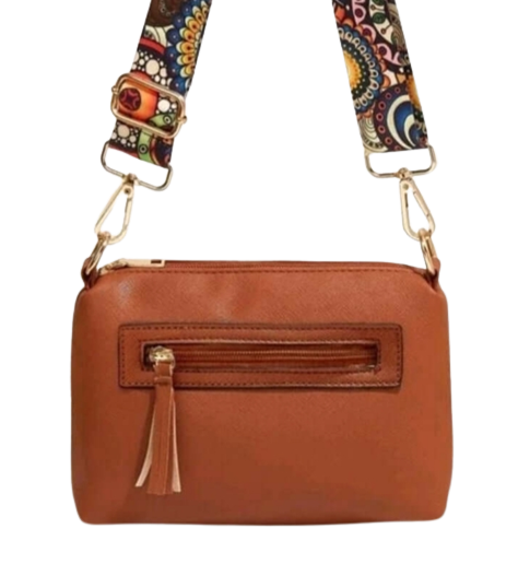 Bag - Shoulder - tan leather fabric strap