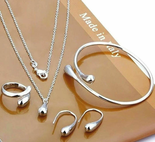 Jewellery Set - Silver - Water Drop Pendant Necklace Bangle Earrings Ring Set