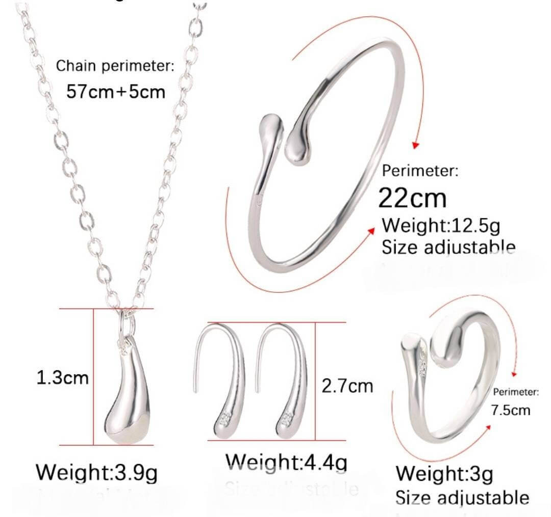 Jewellery Set - Silver - Water Drop Pendant Necklace Bangle Earrings Ring Set