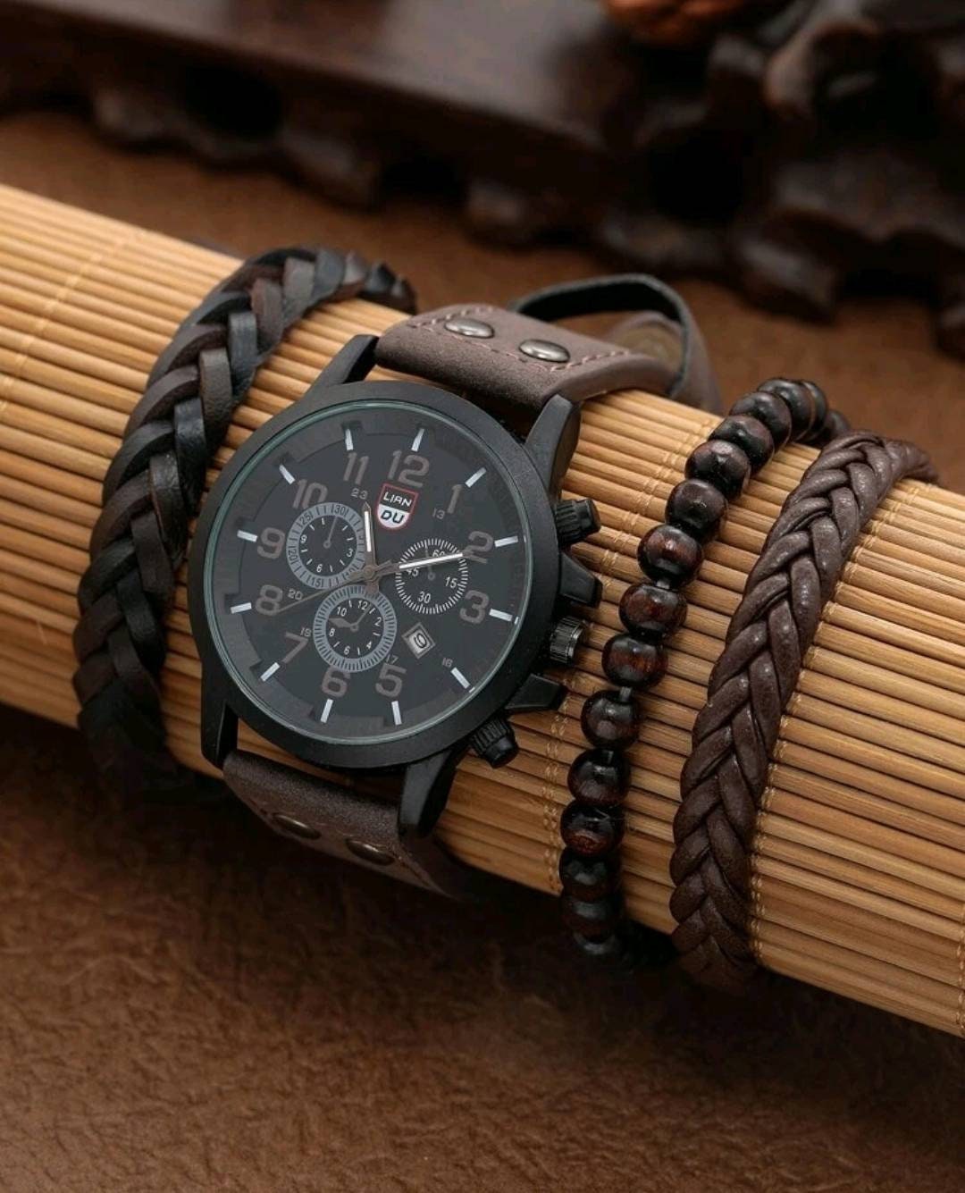 Watch - black + brown date quartz bracelet set
