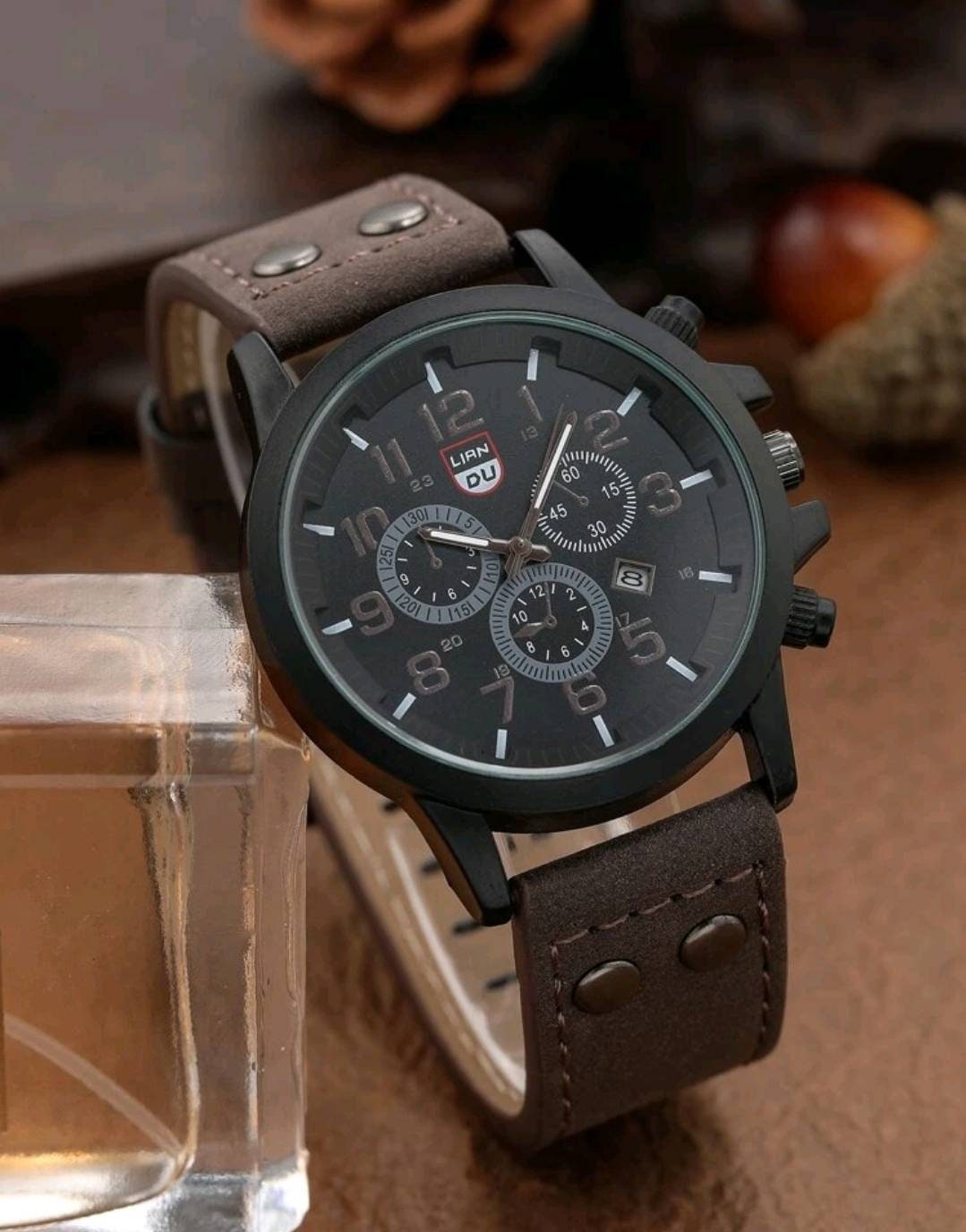 Watch - black + brown date quartz bracelet set