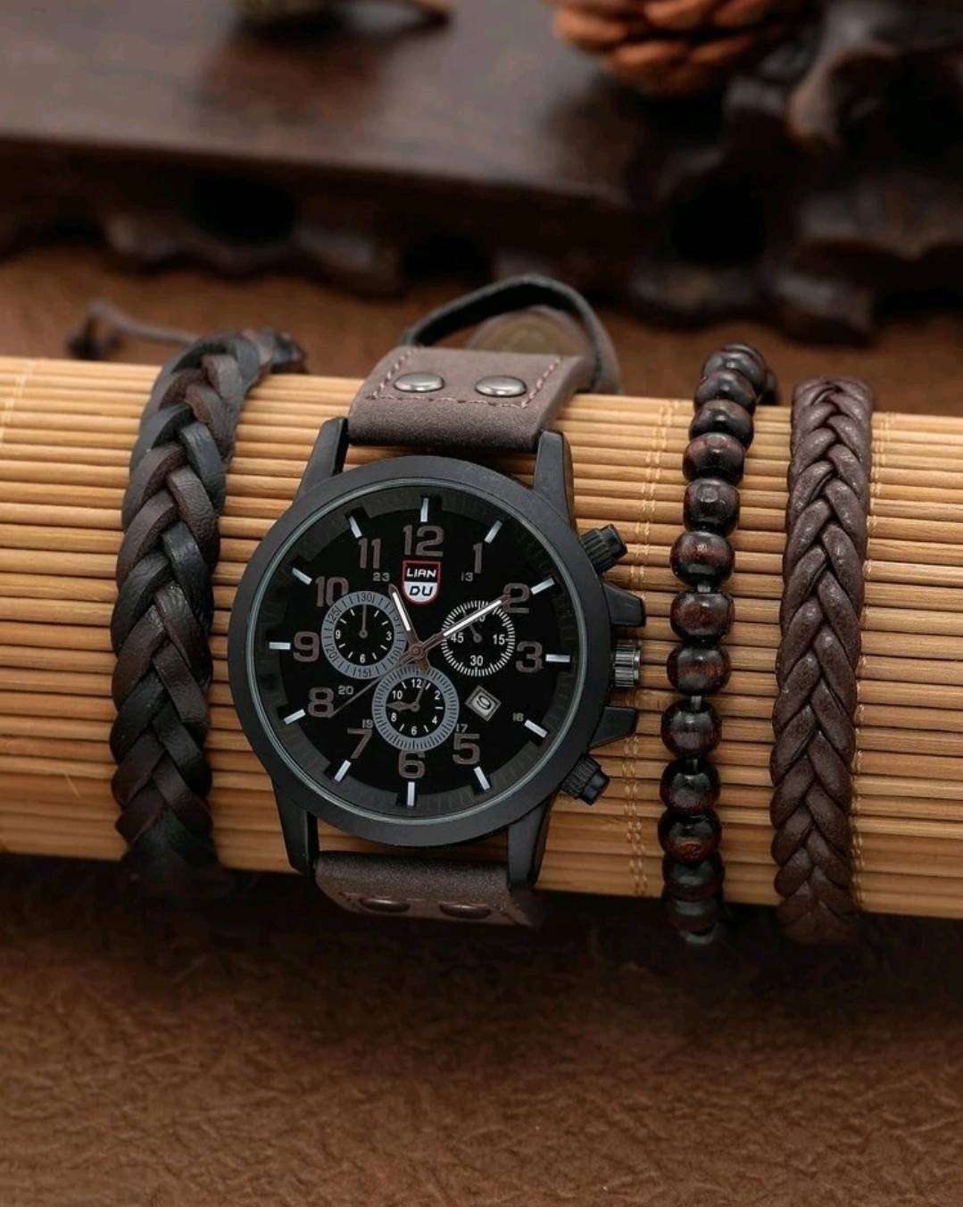 Watch - black + brown date quartz bracelet set