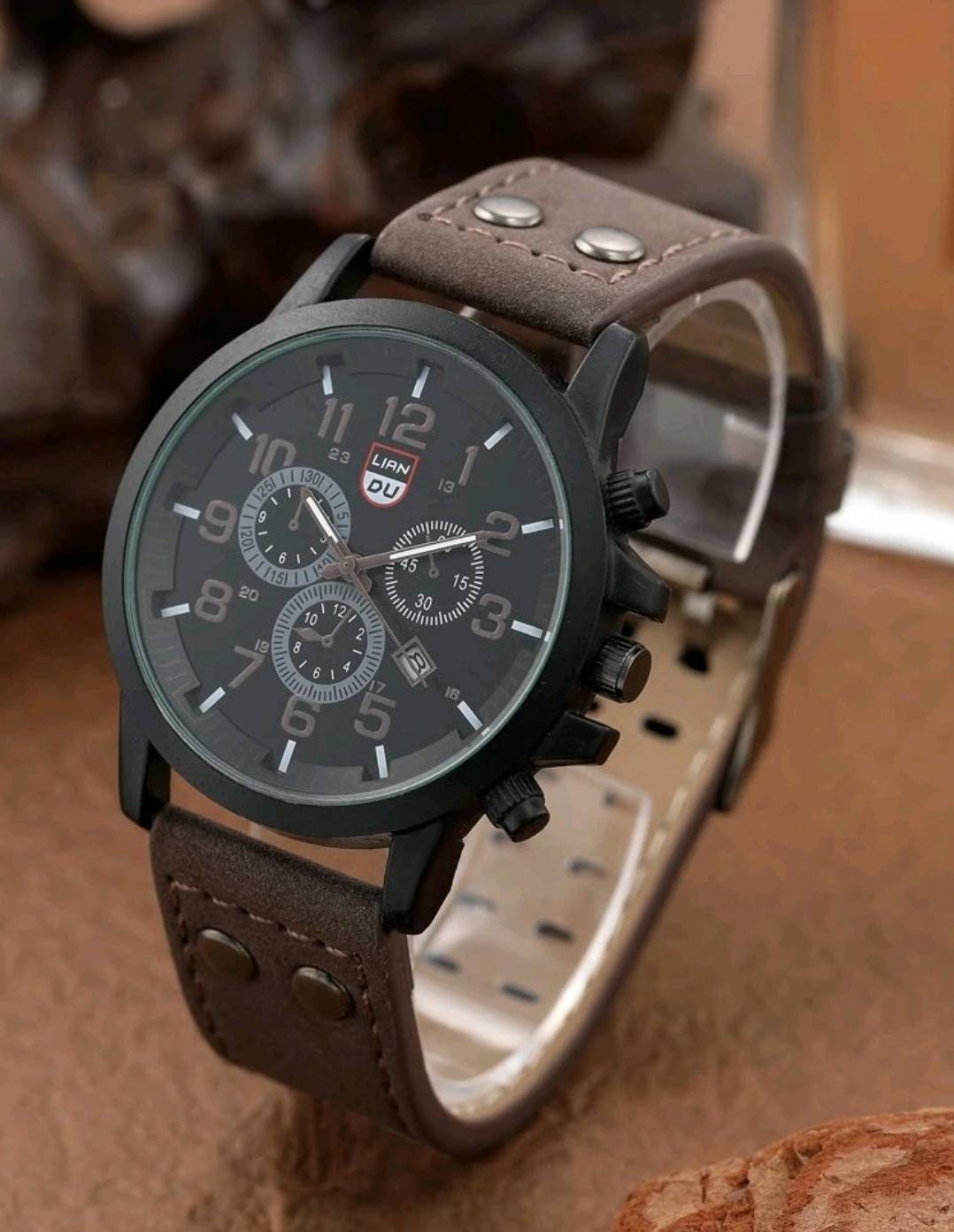 Watch - black + brown date quartz bracelet set