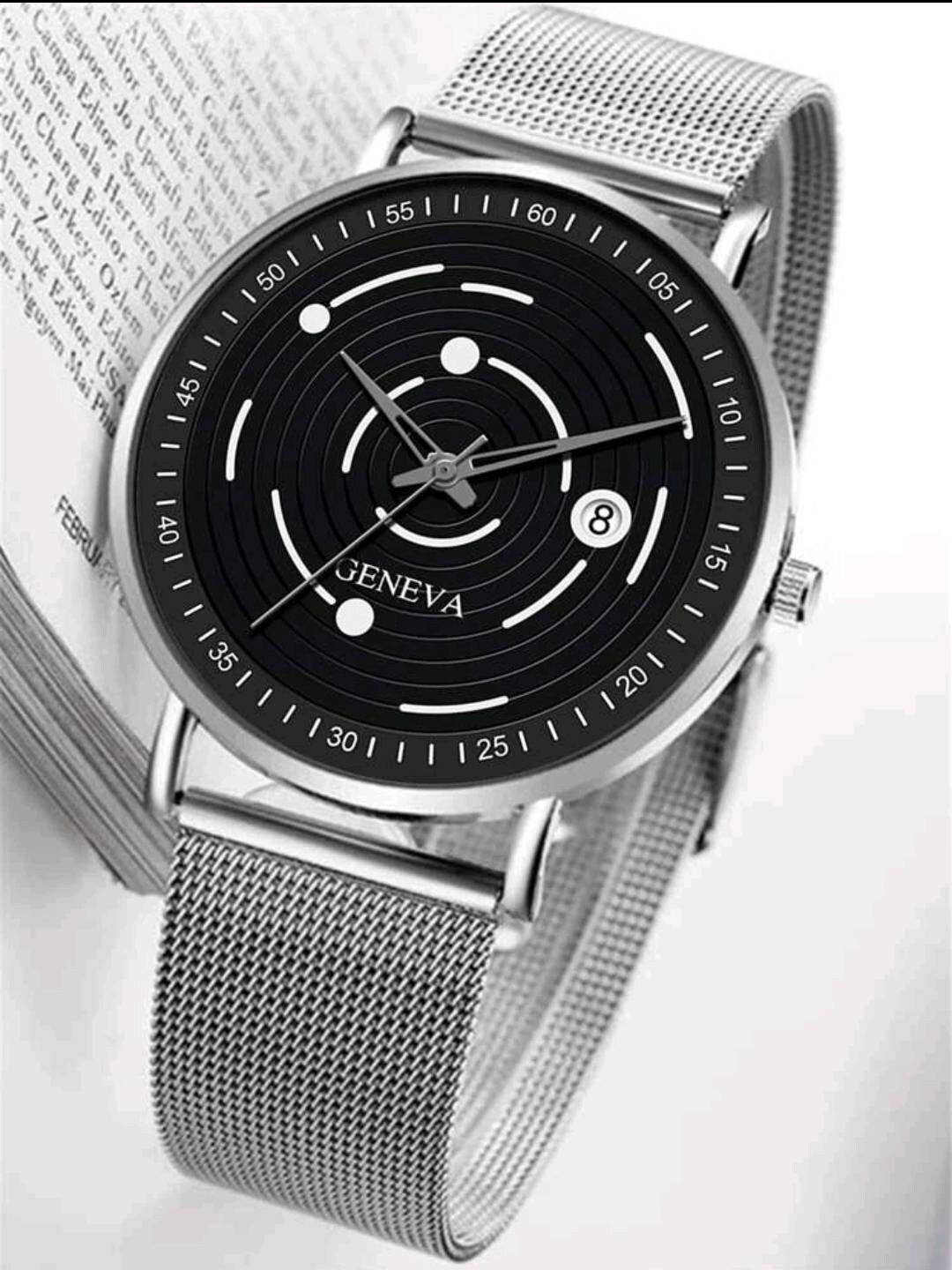 Watch - black silver mesh Date quartz