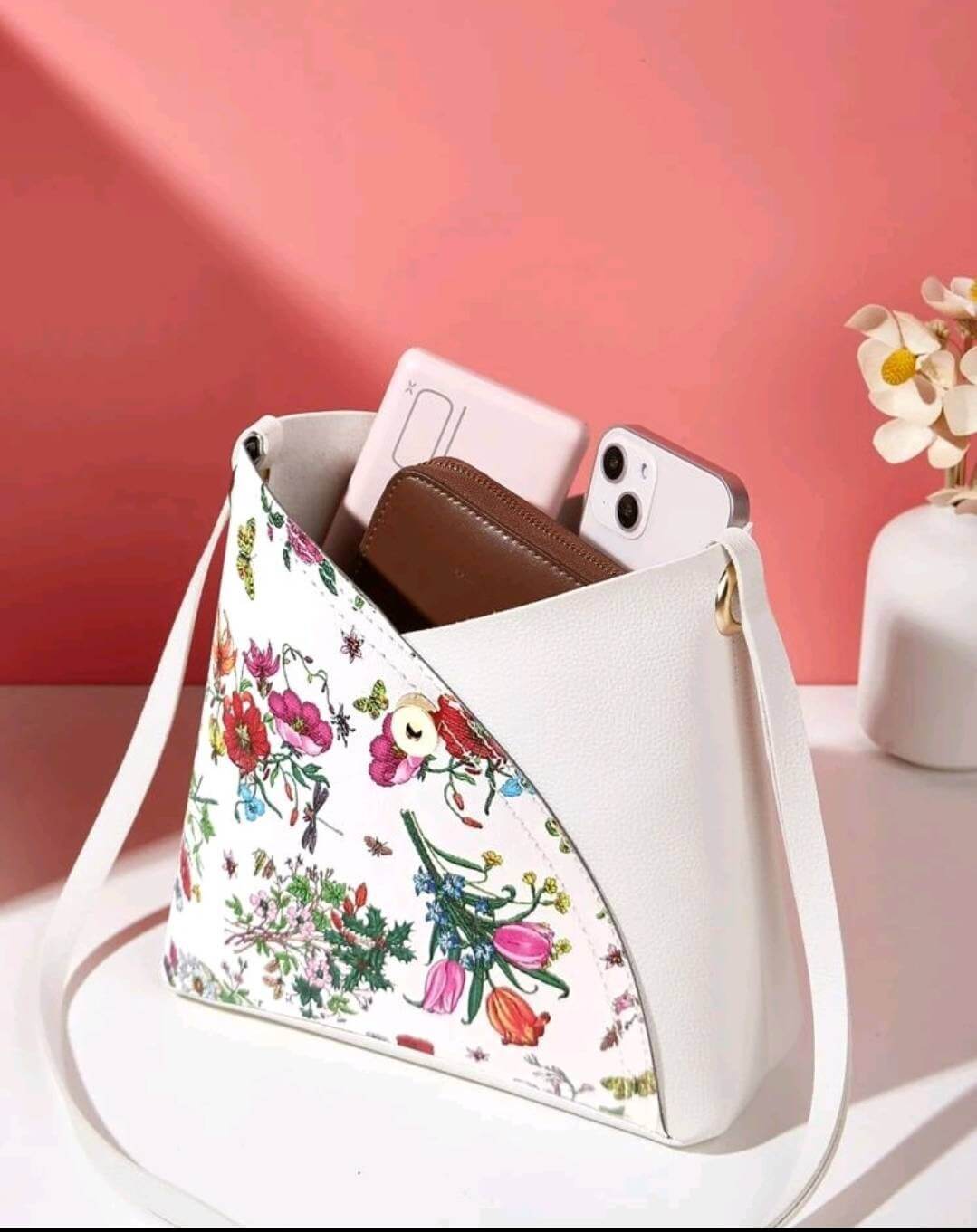 quirky floral white leather shoulder bag