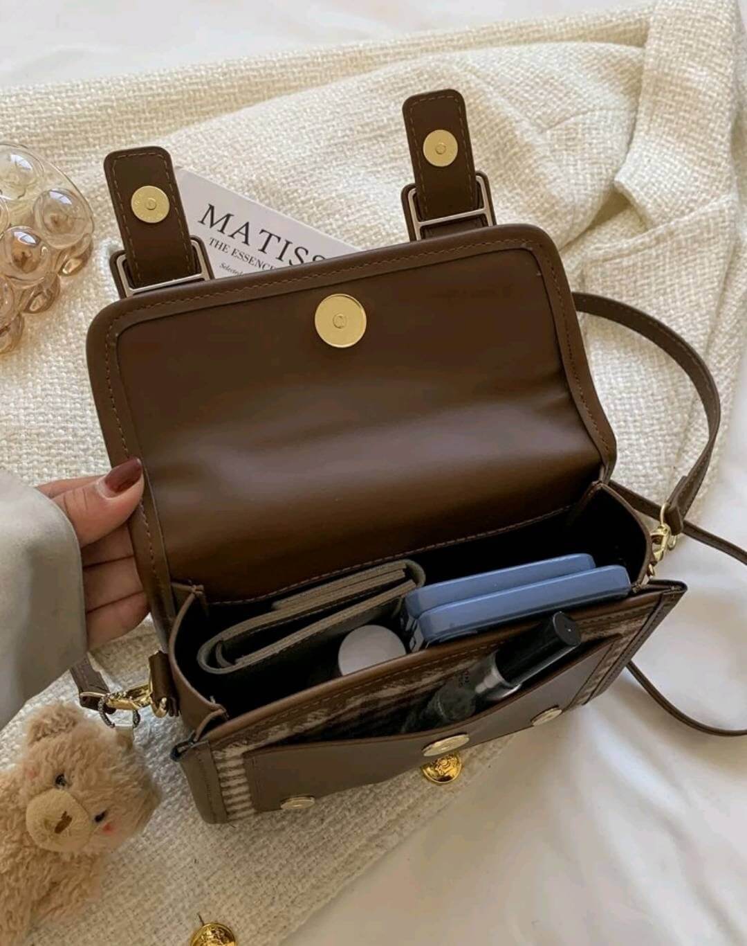 two tone gingham shoulder bag keyring teddy