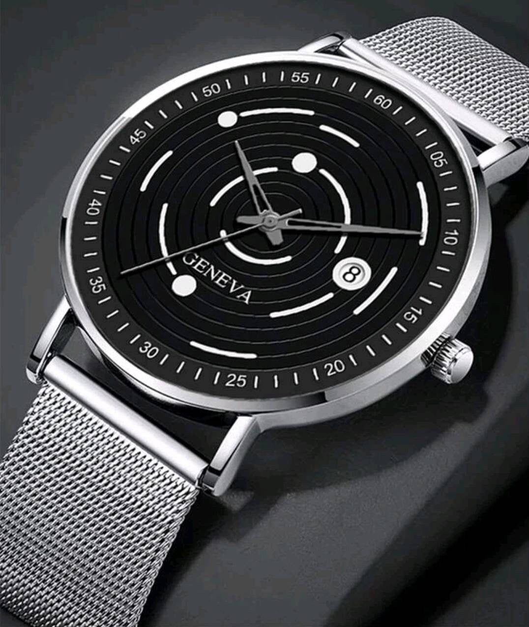 Watch - black silver mesh Date quartz