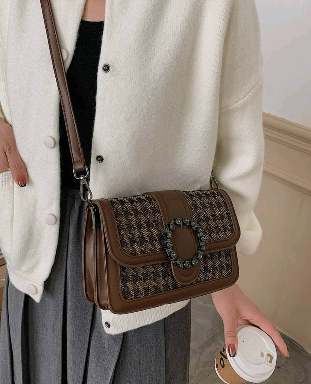 quirky houndstooth metal decor saddle shoulder bag