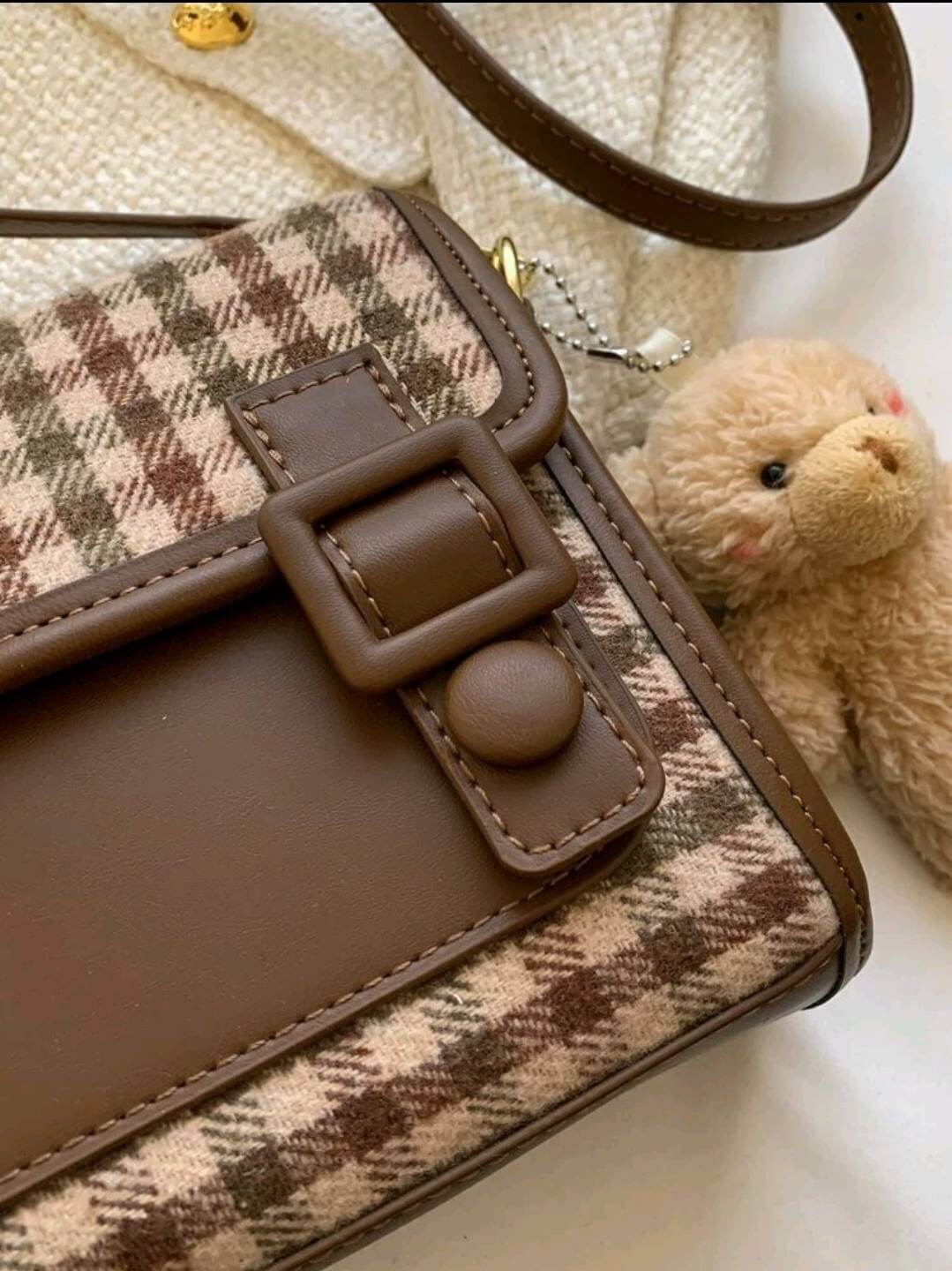 two tone gingham shoulder bag keyring teddy