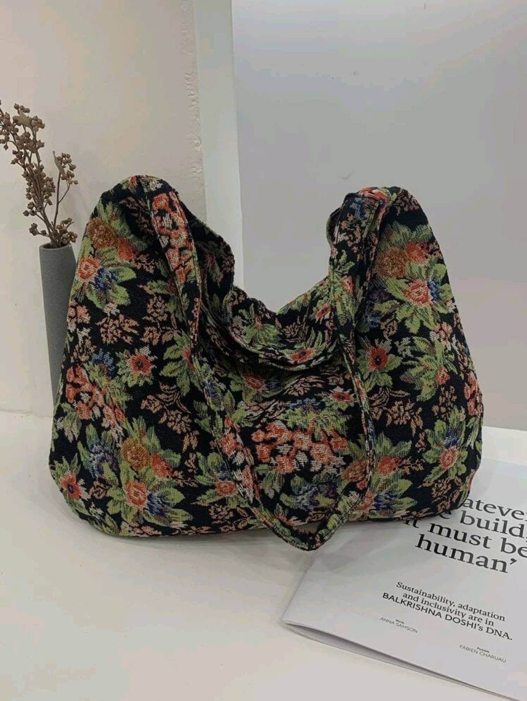 floral embroidered boho shoulder tote