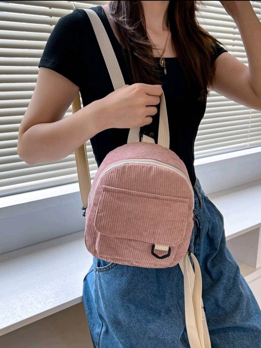 two tone pink white mini corduroy backpack