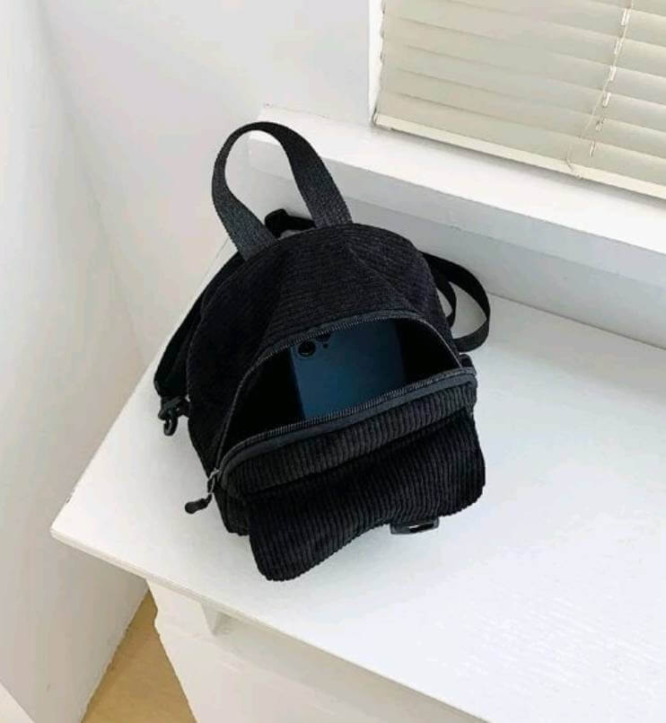black mini corduroy double pocketed backpack