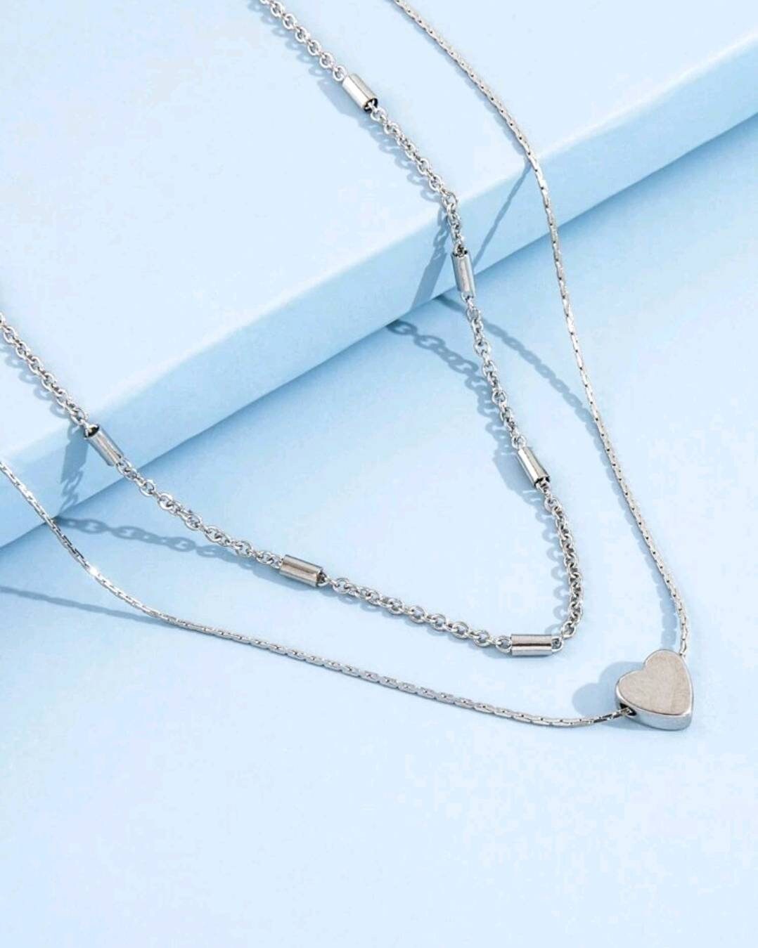 Necklace - 2 layer silver heart minimalist necklace