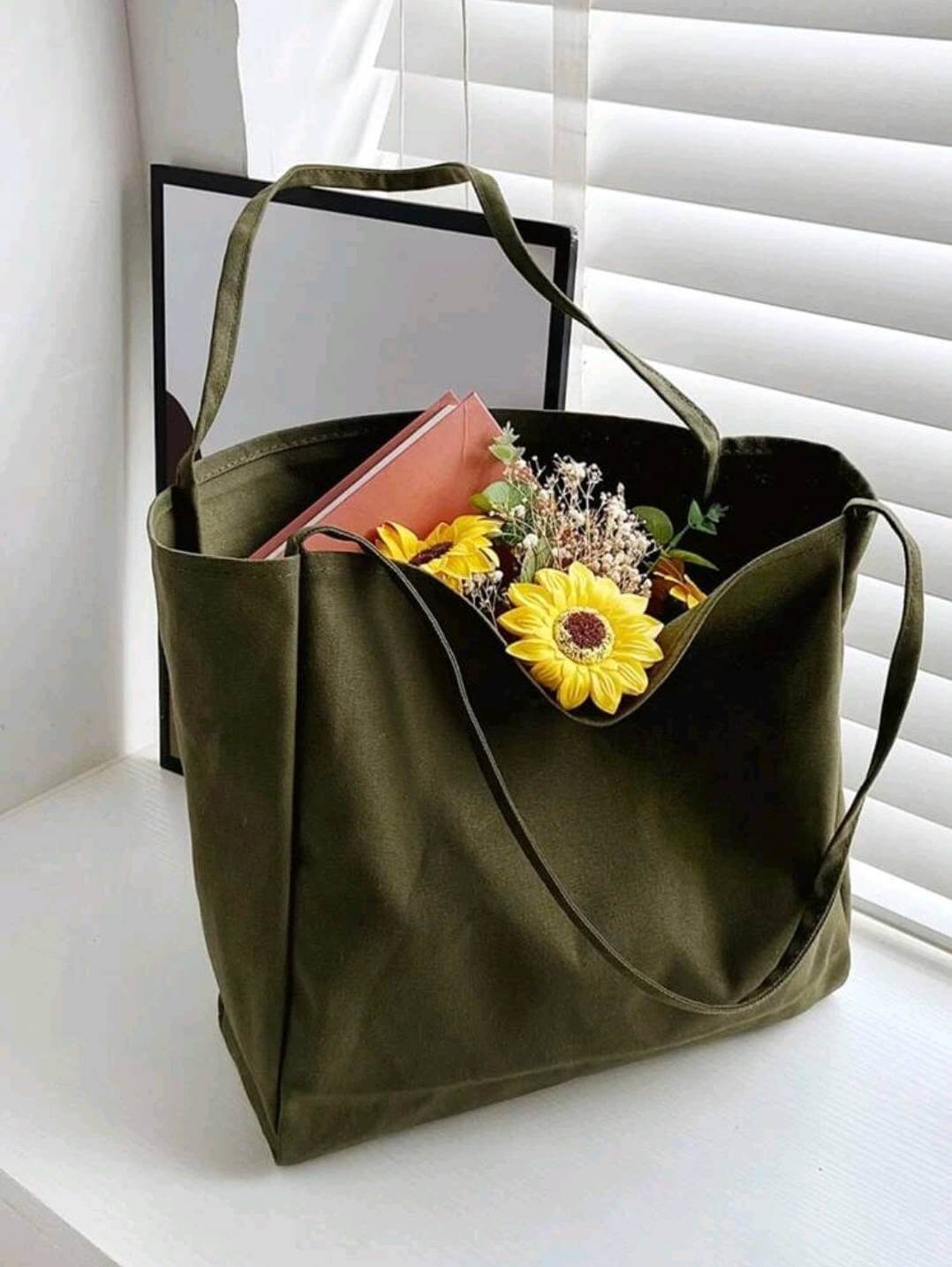 Khaki fabric shoulder tote