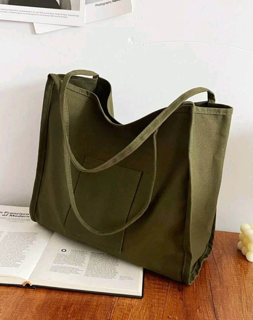 Khaki fabric shoulder tote