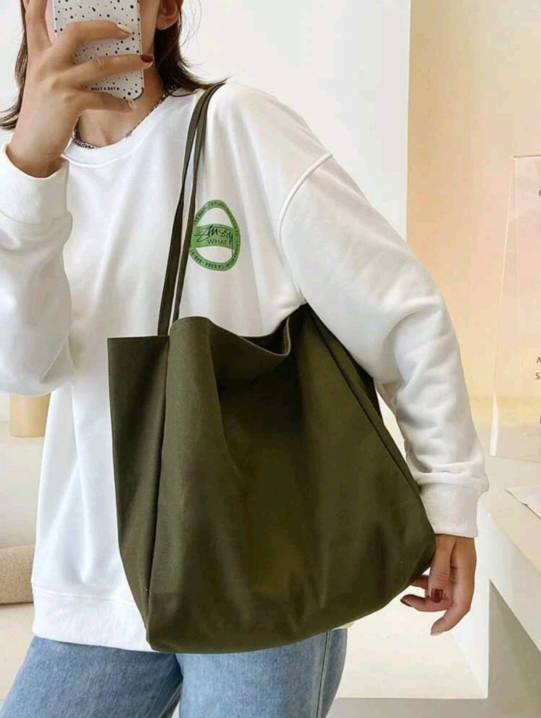 Khaki fabric shoulder tote