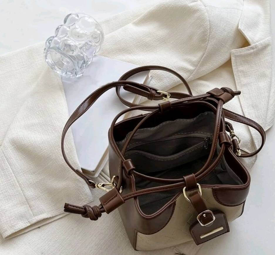 quirky luxury two tone brown cream leather fabric bucket shoulder handbag