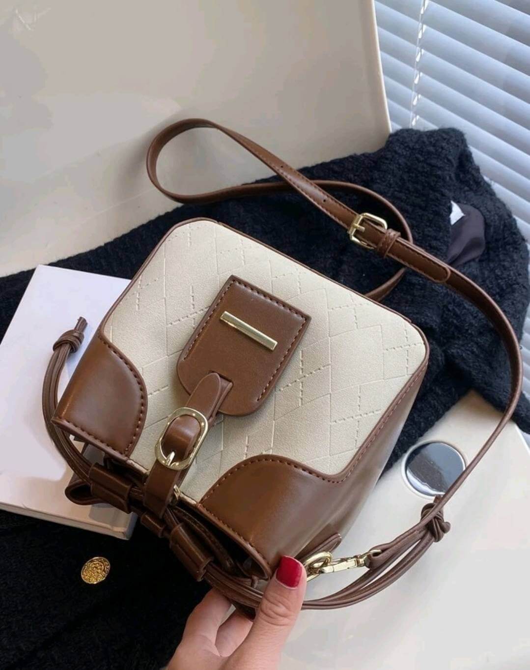 quirky luxury two tone brown cream leather fabric bucket shoulder handbag