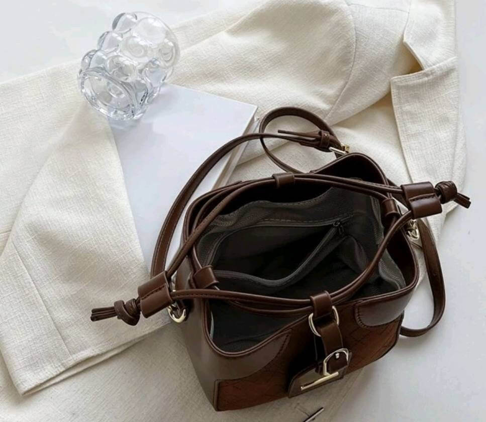 luxury two tone brown leather fabric bucket shoulder bag