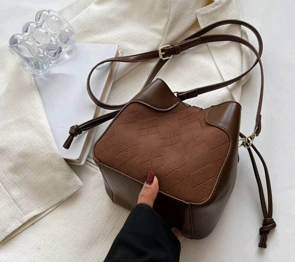 luxury two tone brown leather fabric bucket shoulder bag