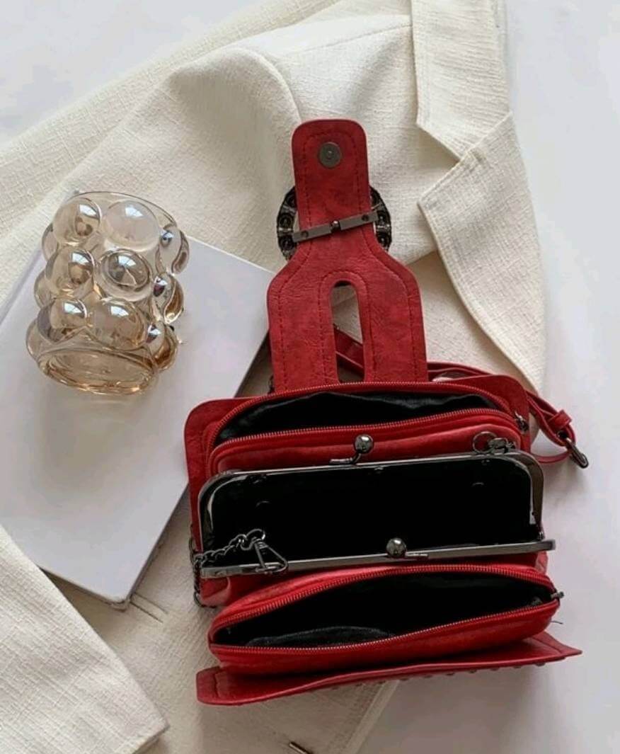 quirky luxury red leather studded metal decor shoulder clutch bag