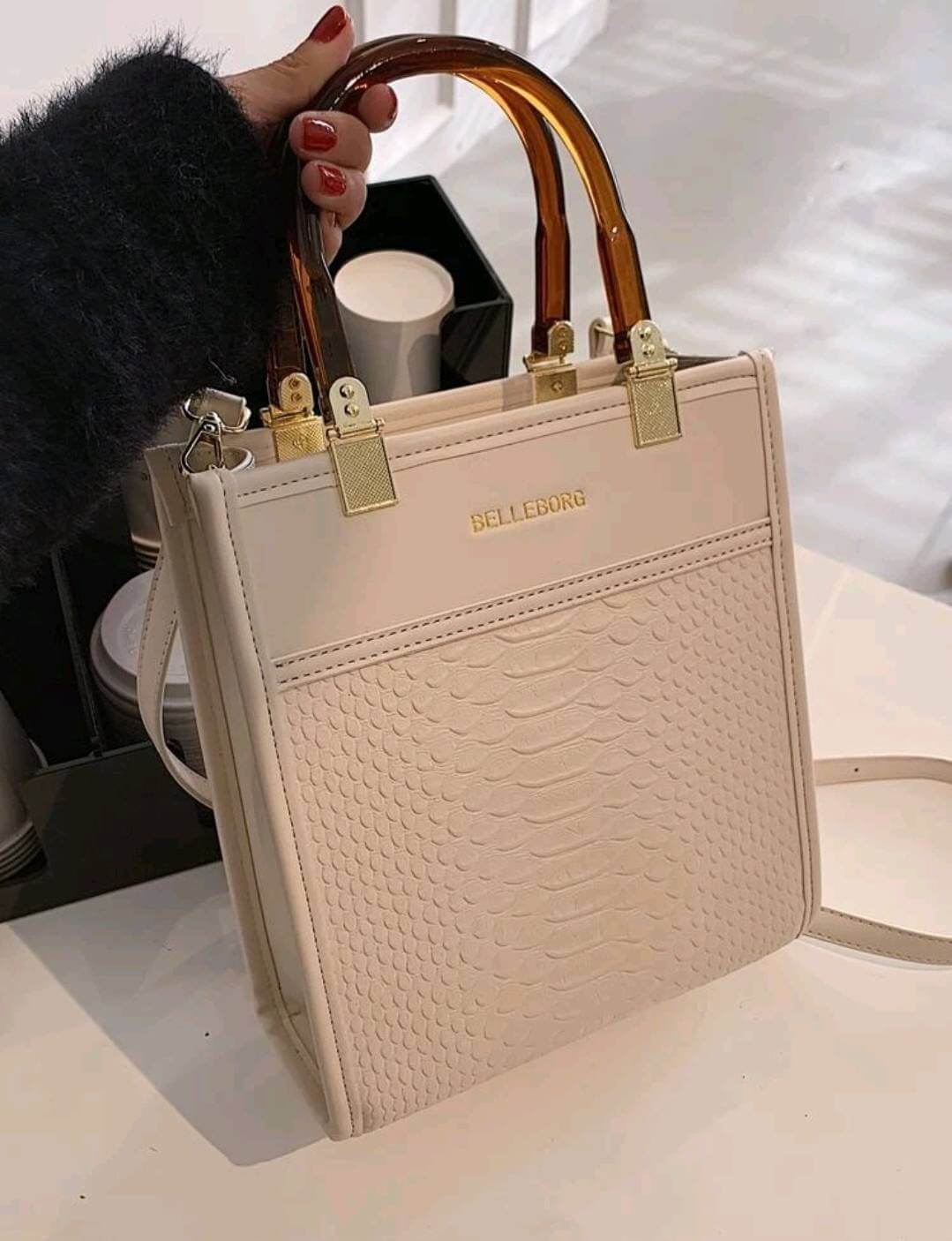 luxury two tone white leather snakeskin texture brown handle handbag shoulder bag