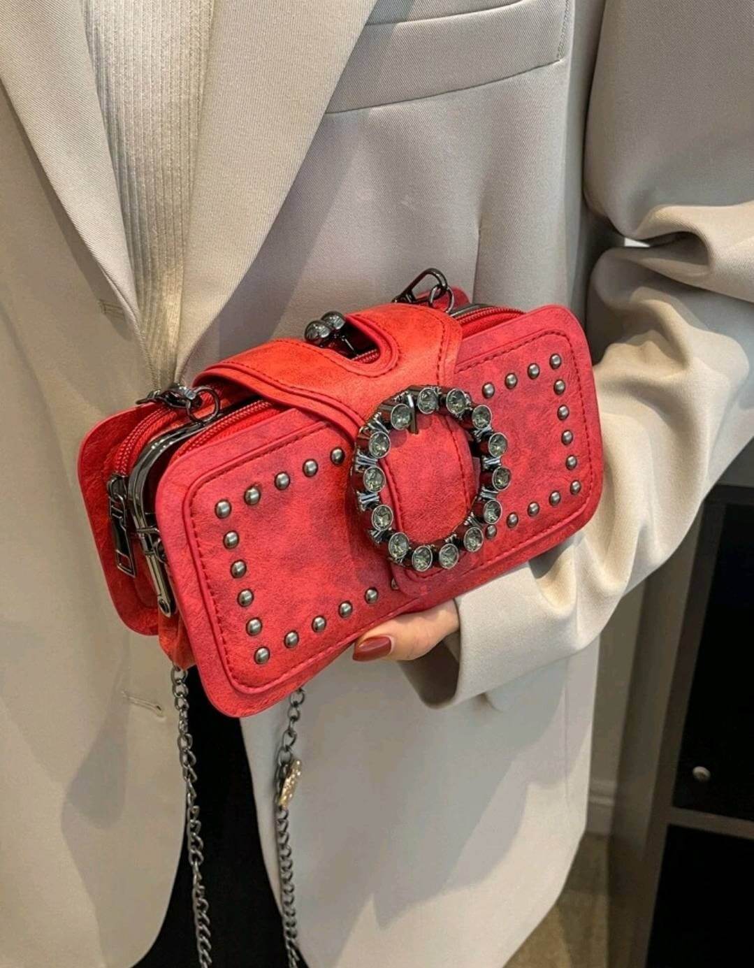 quirky luxury red leather studded metal decor shoulder clutch bag