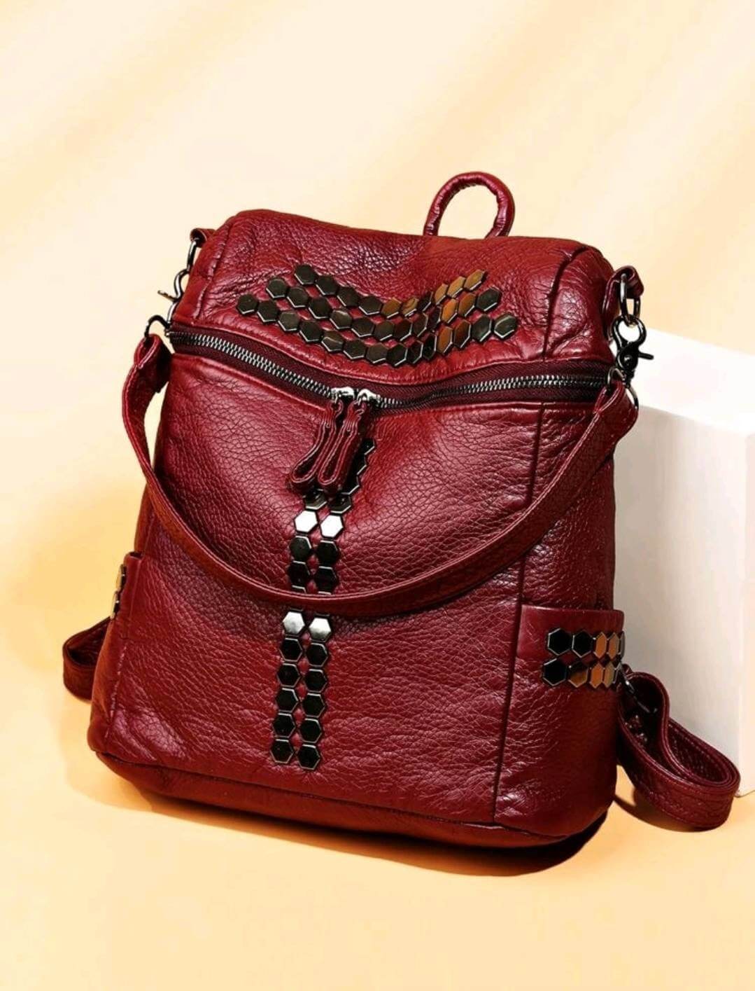 luxury red burgundy soft leather quirky studded backpack