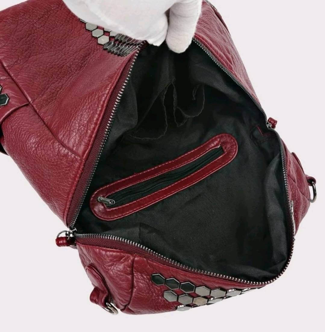 luxury red burgundy soft leather quirky studded backpack