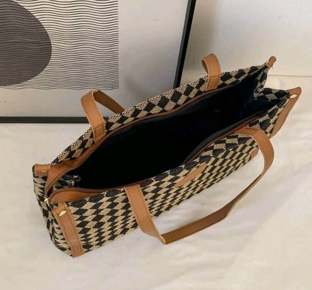 quirky two tone geo fabric tote shoulder bag