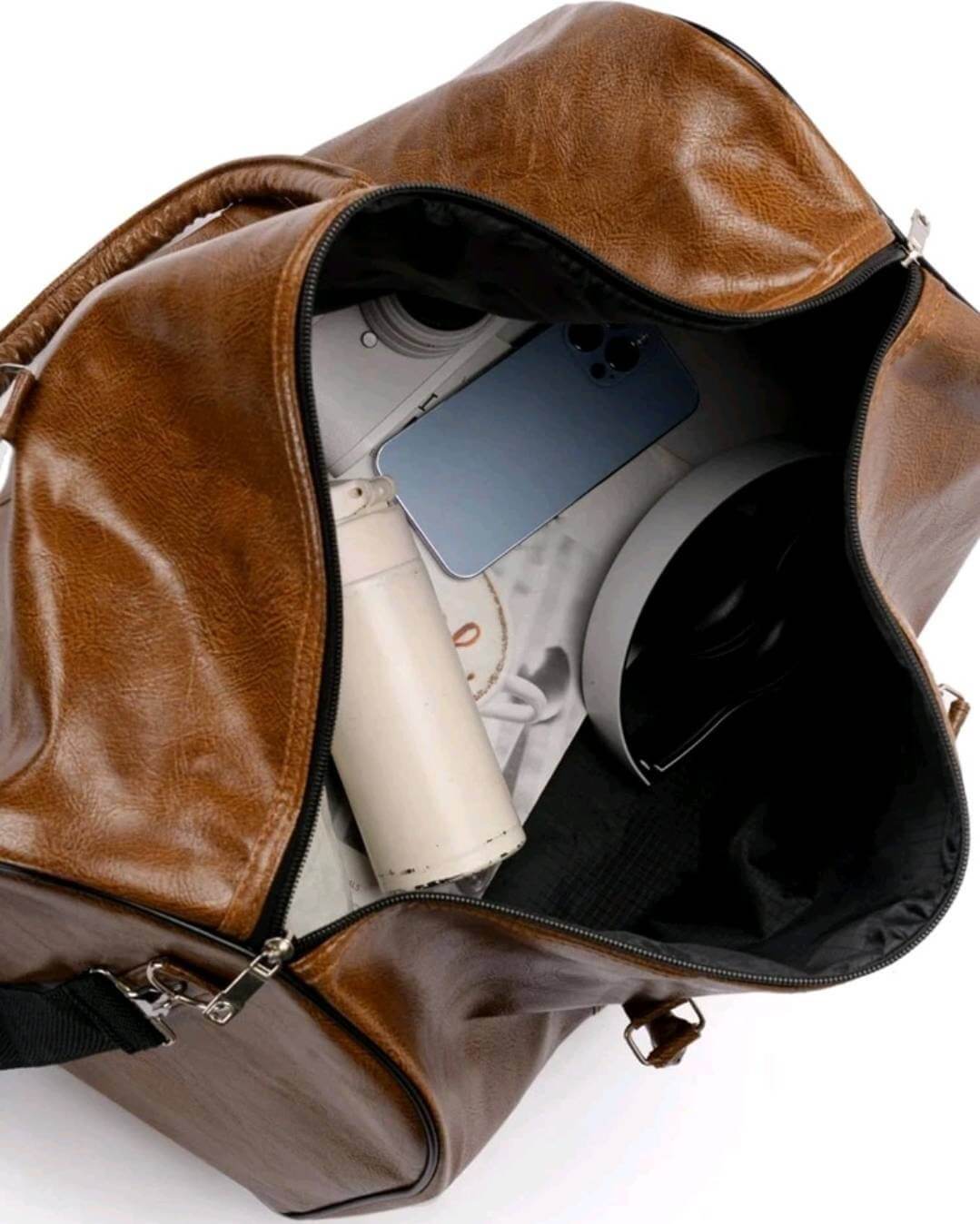 unisex brown leather weekend overnight duffle bag