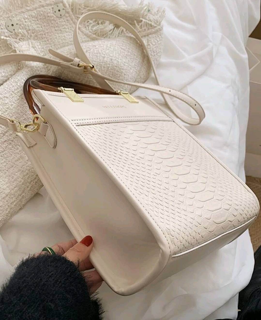 luxury two tone white leather snakeskin texture brown handle handbag shoulder bag