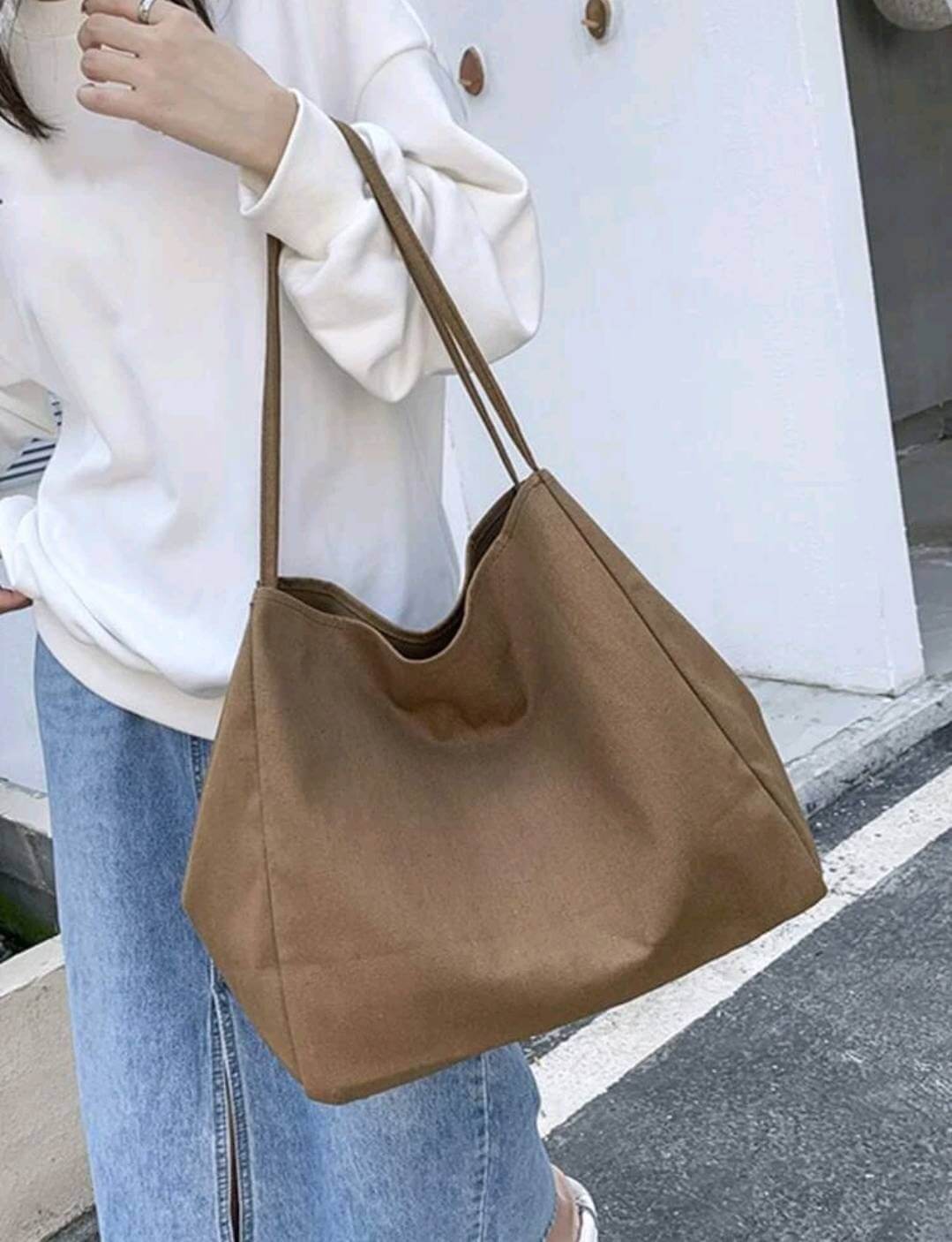 khaki fabric shoulder tote